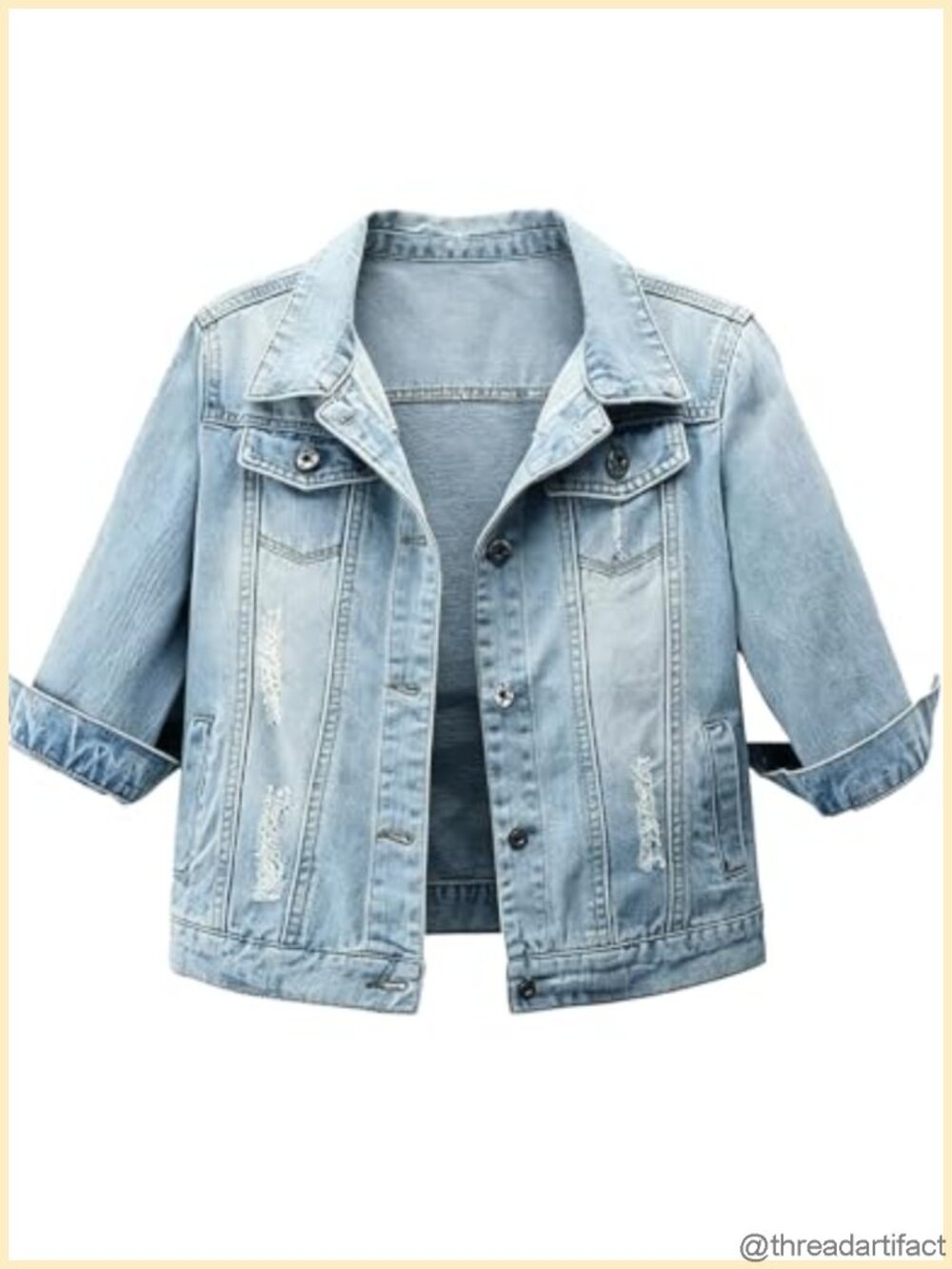 Distressed 3/4 Sleeve Crop Denim Trucker Jacket Slim Fit Button Down